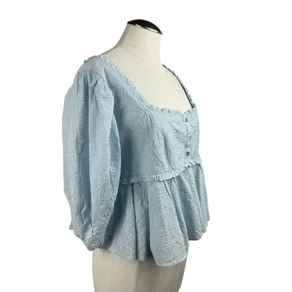 Women's Free People Leave It To Me Blouse Puff Sleeve Peplum Babydoll Crop Top L - Picture 3 of 10